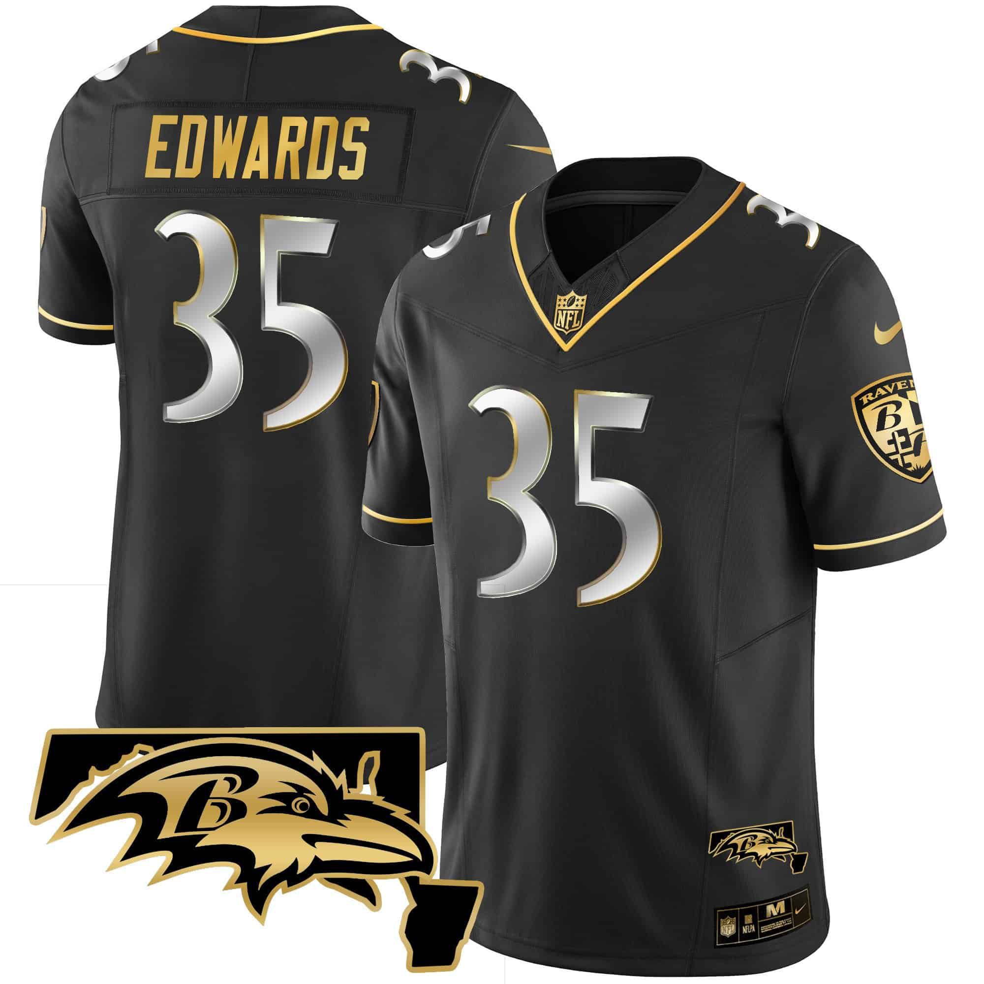 Men Baltimore Ravens #35 Edwards Black Gold 2024 Nike Maryland Patch Vapor Limited NFL Jersey style 1